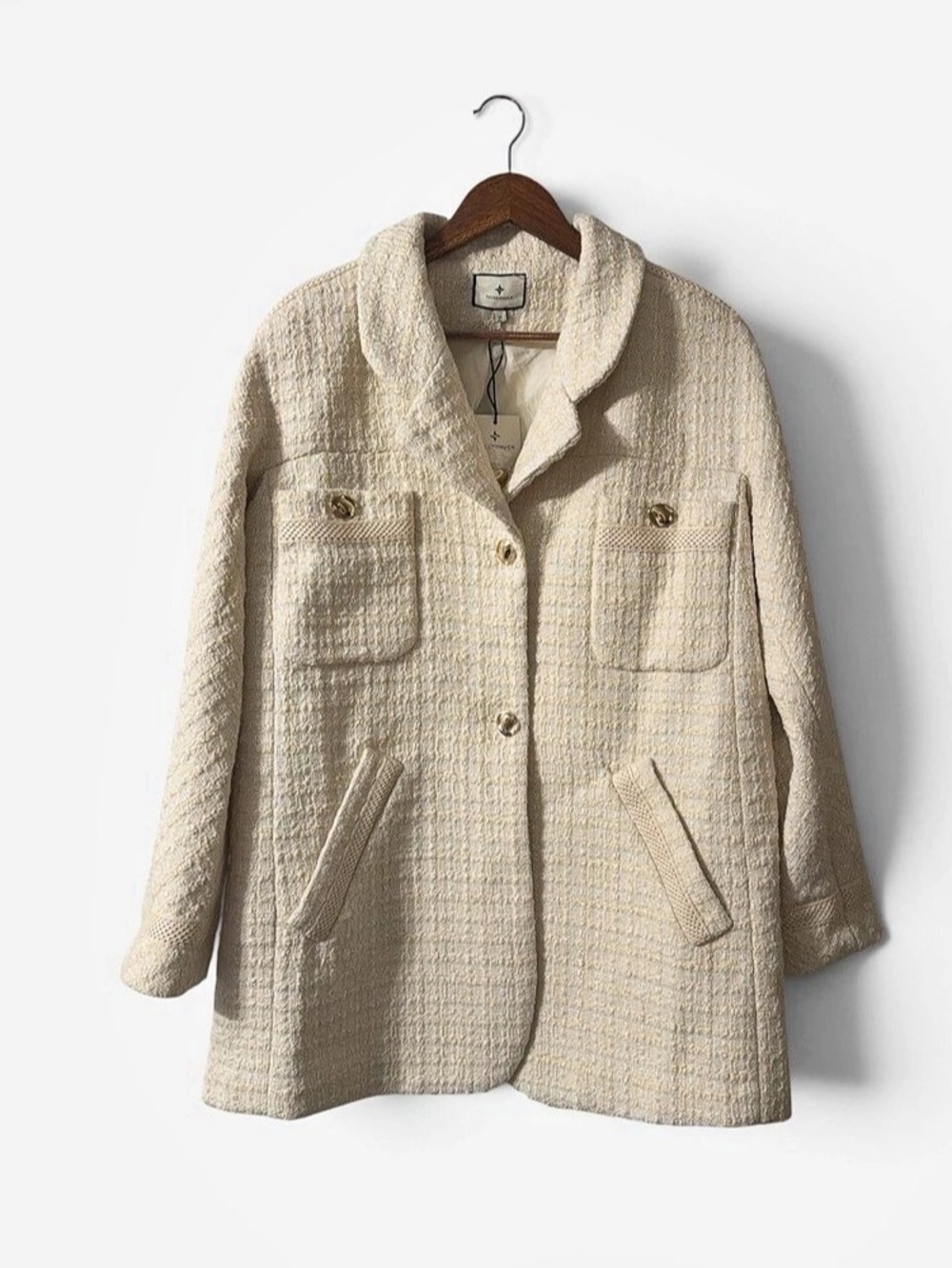 Old Money Tuckernuck Cream Boucle Tweed Gold Button Longline Jacket M NWT
